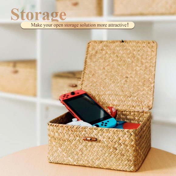 Brown Wicker Woven Storage 4 Seagrass Rattan Storage Containers Organizers - Picture 2 of 9